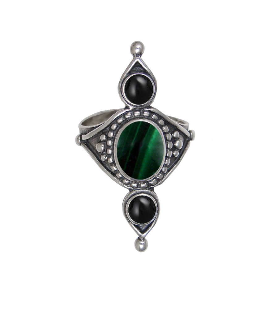 Sterling Silver Royal Ring With Malachite And Black Onyx Size 7